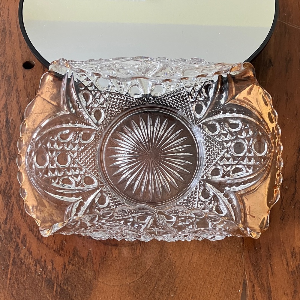 vintage FEDERAL GLASS  CARD RECEIVER GOLD GILT FLASH EDGES FLOWER / SUN/ STAR